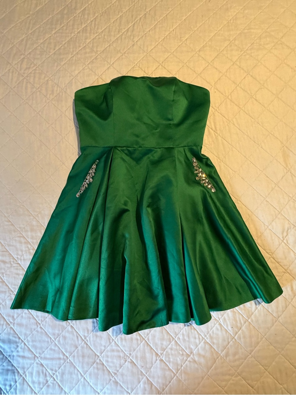 Strapless Emerald Green Party Dress with Crystal Accents